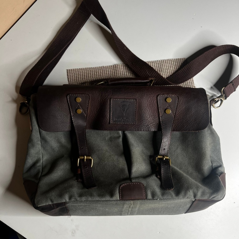 Devil Hunter Canvas Leather Messenger Bag Olive Green Brown Satchel Crossbody